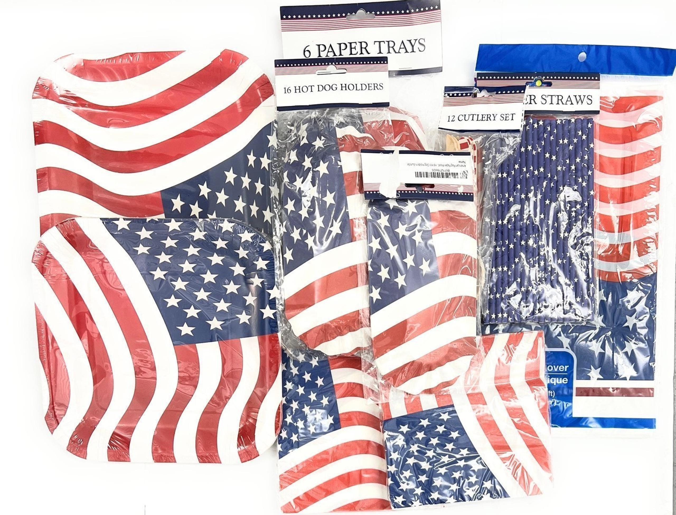 American Flag Paper Plates Napkins Hot Dog Holders Cutlery Straws and Tablecover