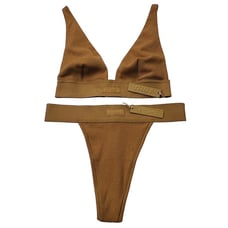 SKIMS Cotton Rib Plunge Bralette + Thong Set Camel Womens XXS