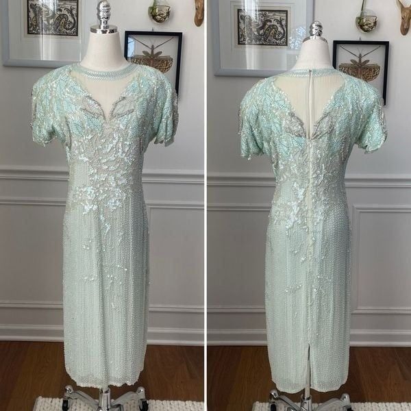 Vintage 80s Lillie Rubin Pastel Green Silk Beaded Sheath Cocktail Dress 4