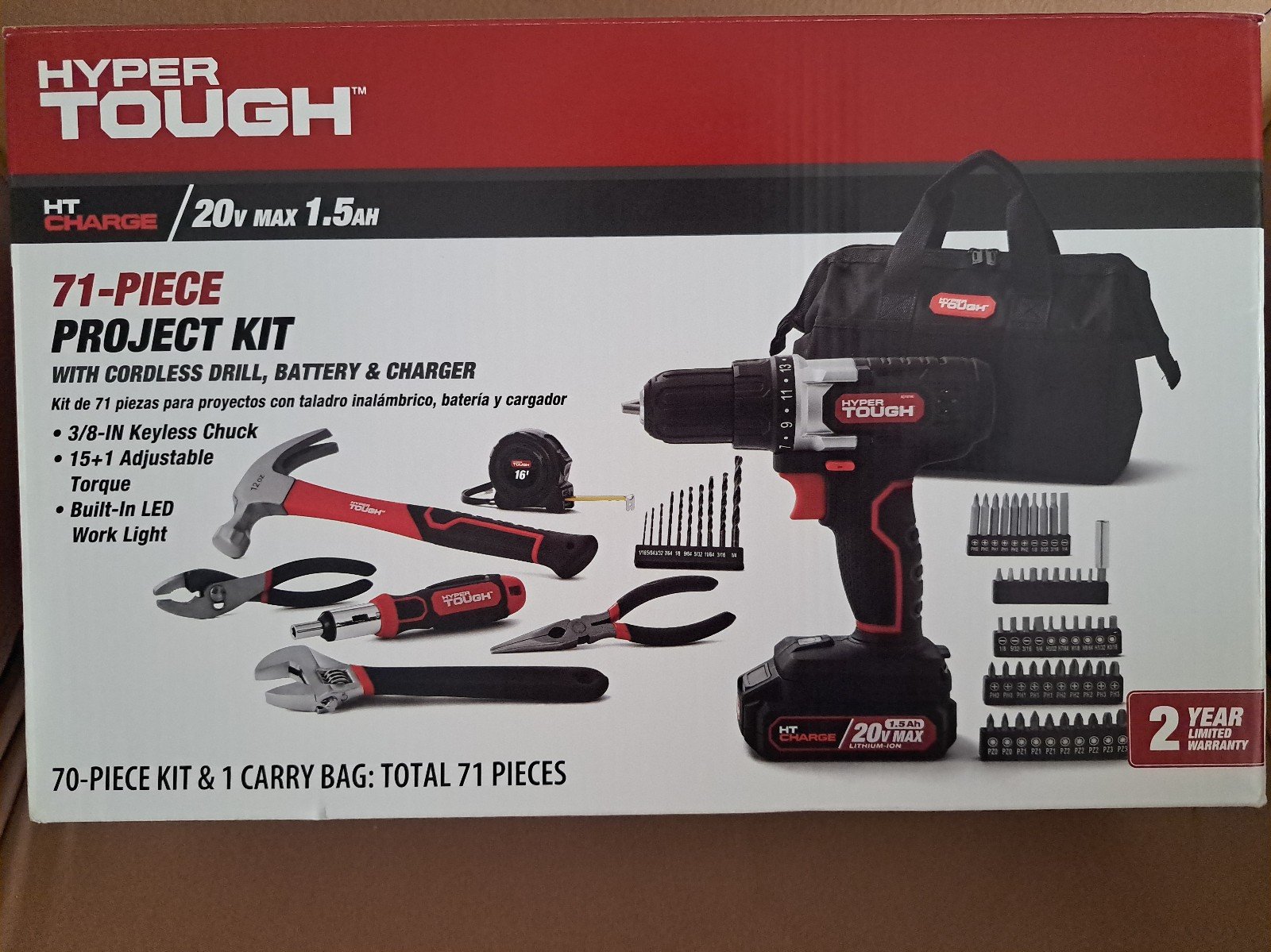 NEW 71 Piece Tool Kit with Cordless Drill, Carrying Case & Interchangeable Batte