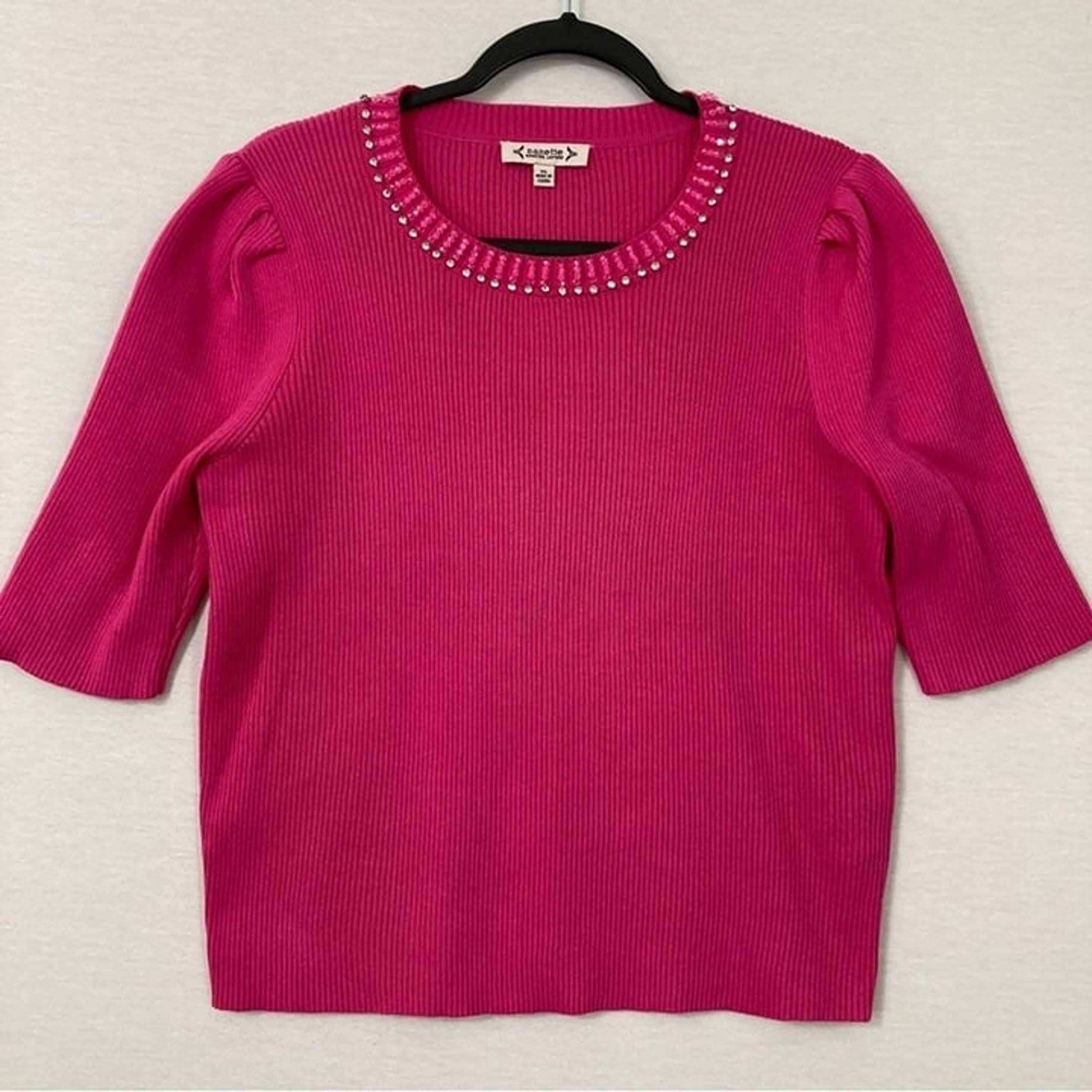 Nanette Lepore Pink Beaded Crew Neck Rib Knit Short Sleeve Sweater XL