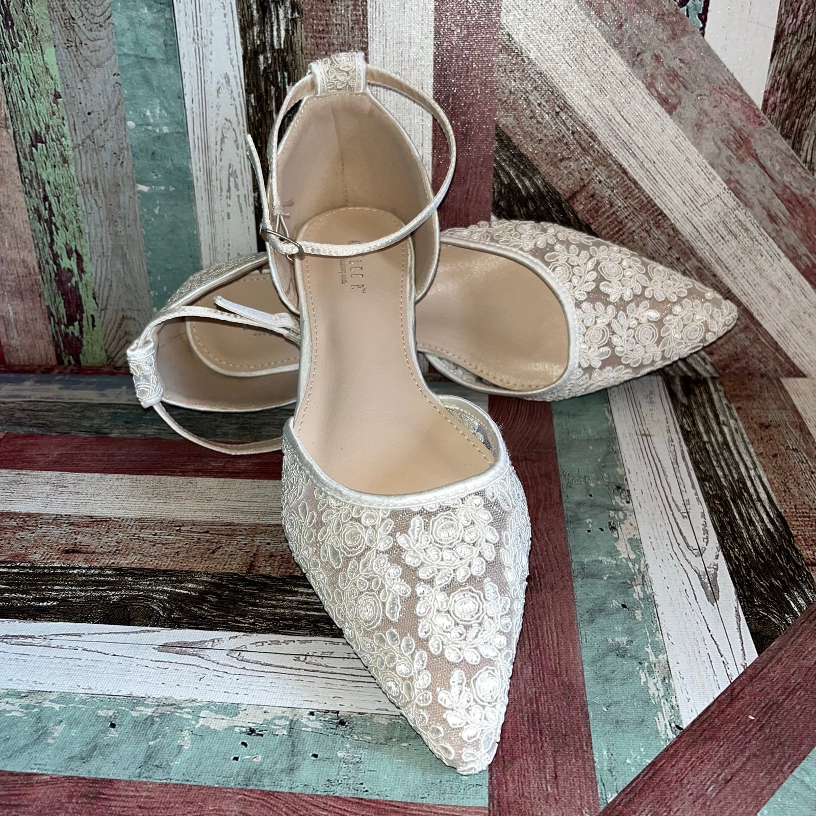 Kailee P. Twila-Lace Crochet Pointy Toe Flats w/Ankle Strap Shoes NEW Ivory 10