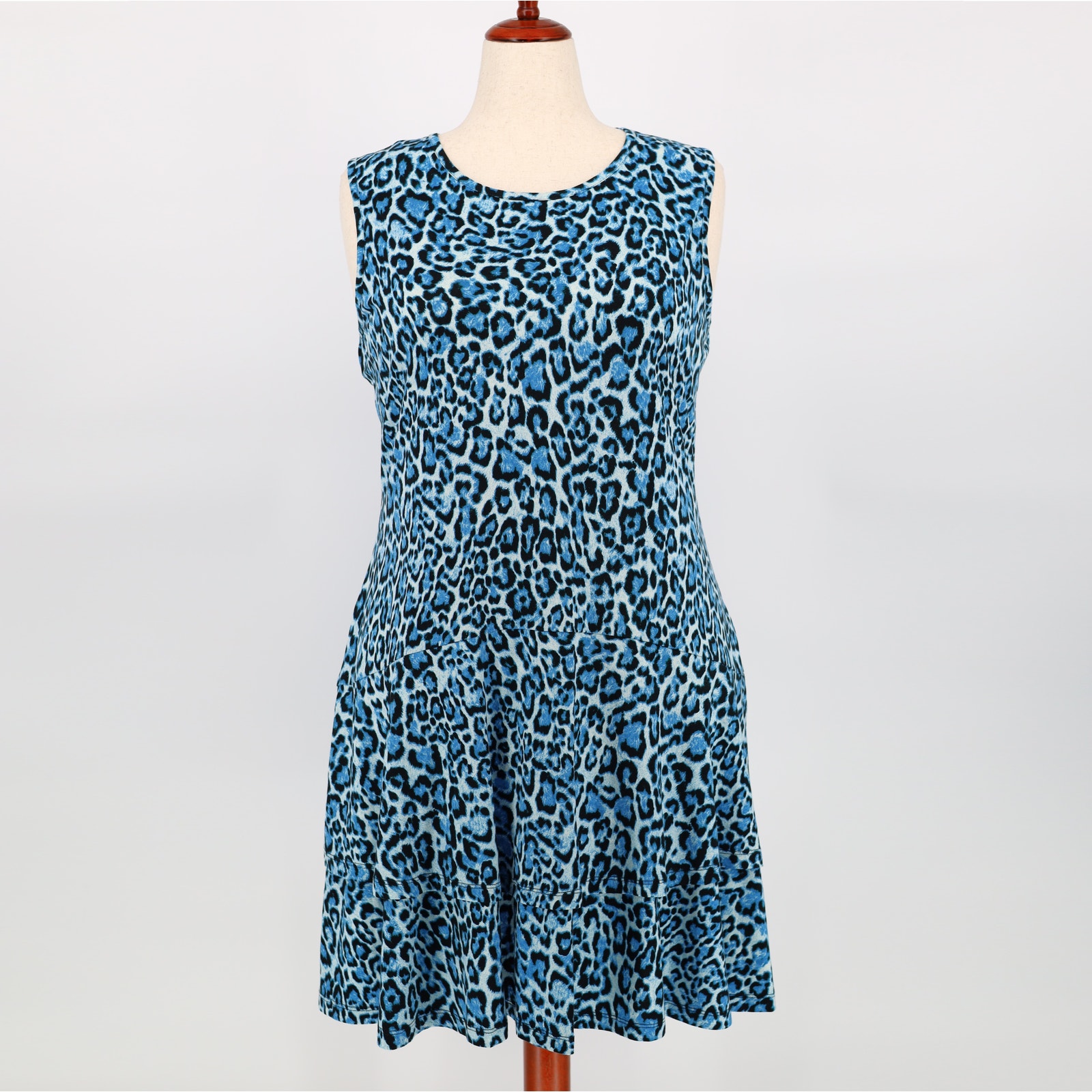 Michael Kors Women Blue Animal Print Knit Cotton Sleeveless Mini Dress Size XXL