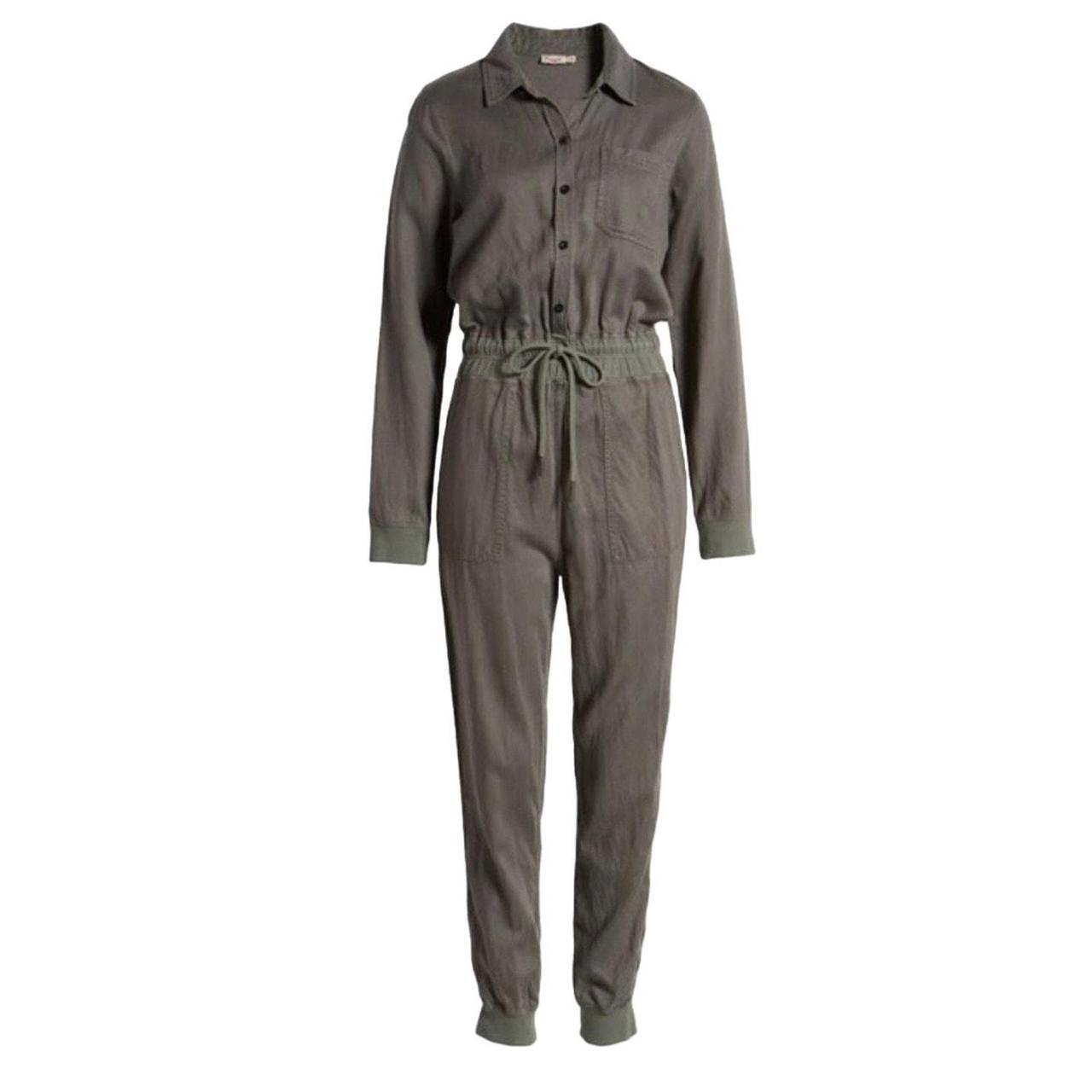Faherty Arlie Jumpsuit Green Linen Blend Long Sleeve Sz M Women