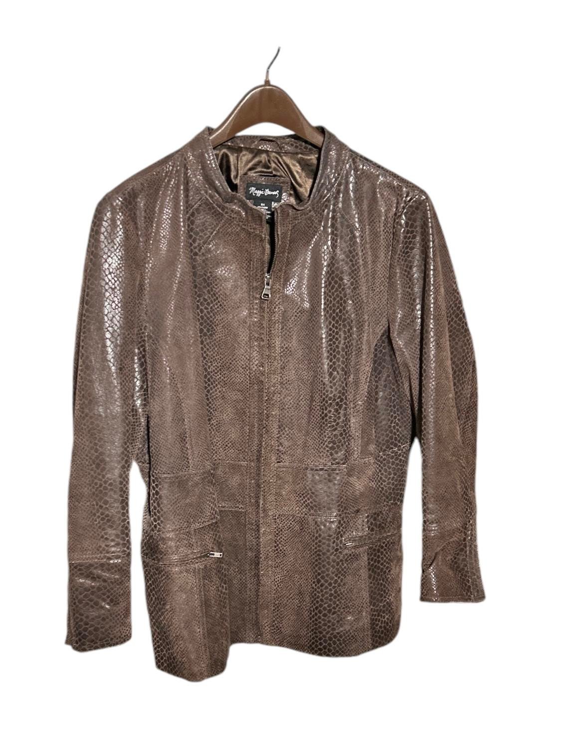 Maggie Barnes Vintage Womens 14/16W Brown Leather Zip Jacket Snake Print Lined