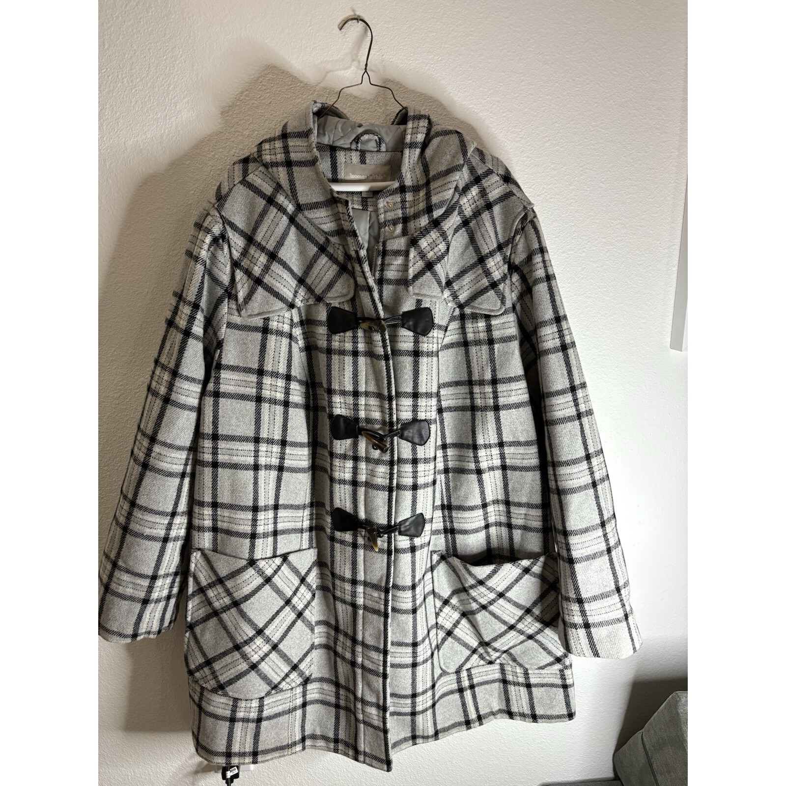 Woman Within Lux Wool Duffle Toggle Coat Grey Plaid Hooded Jacket Plus Size 32W