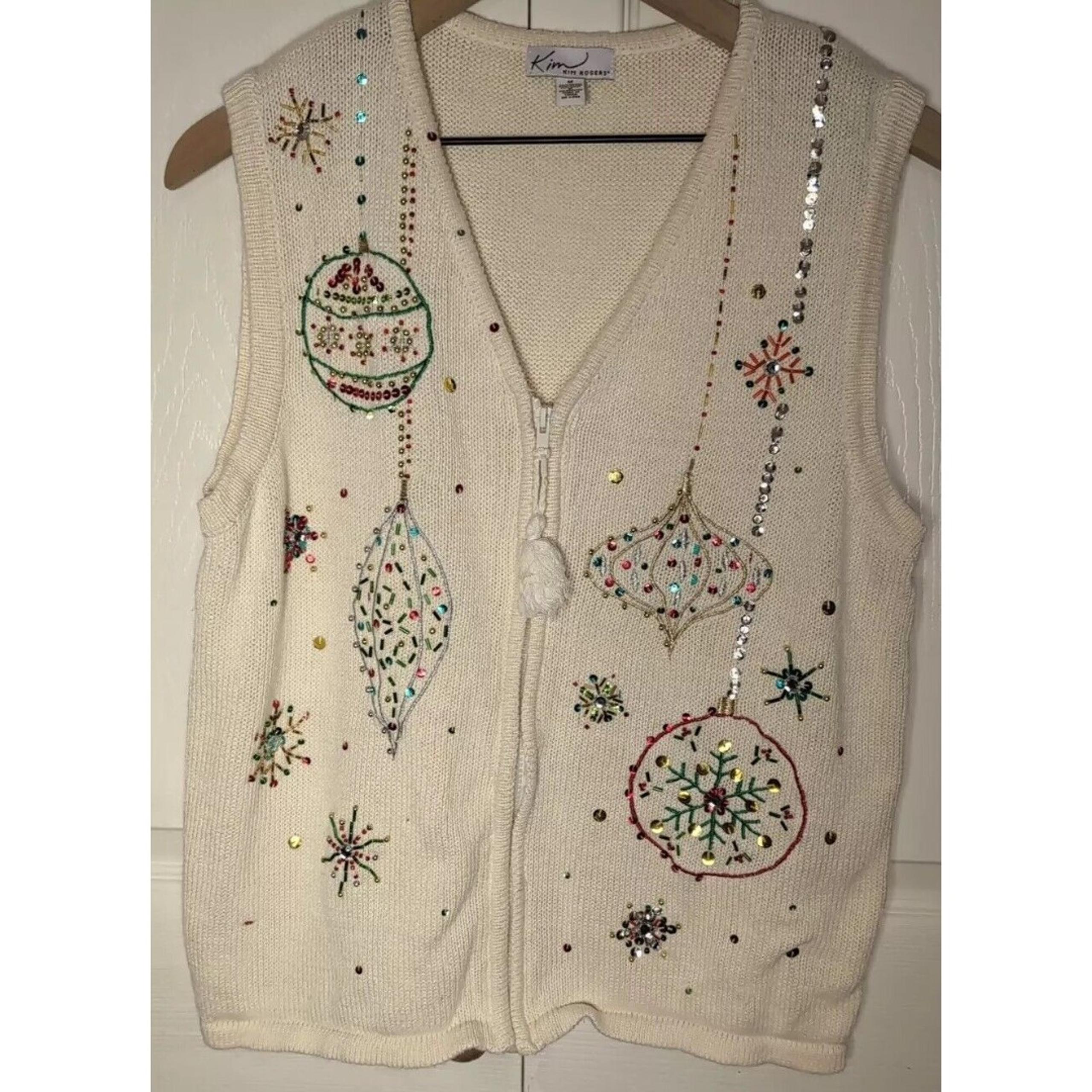 Kim Rogers Women's Size Medium Cream Colored Beaded Ornament Ugly Christmas...