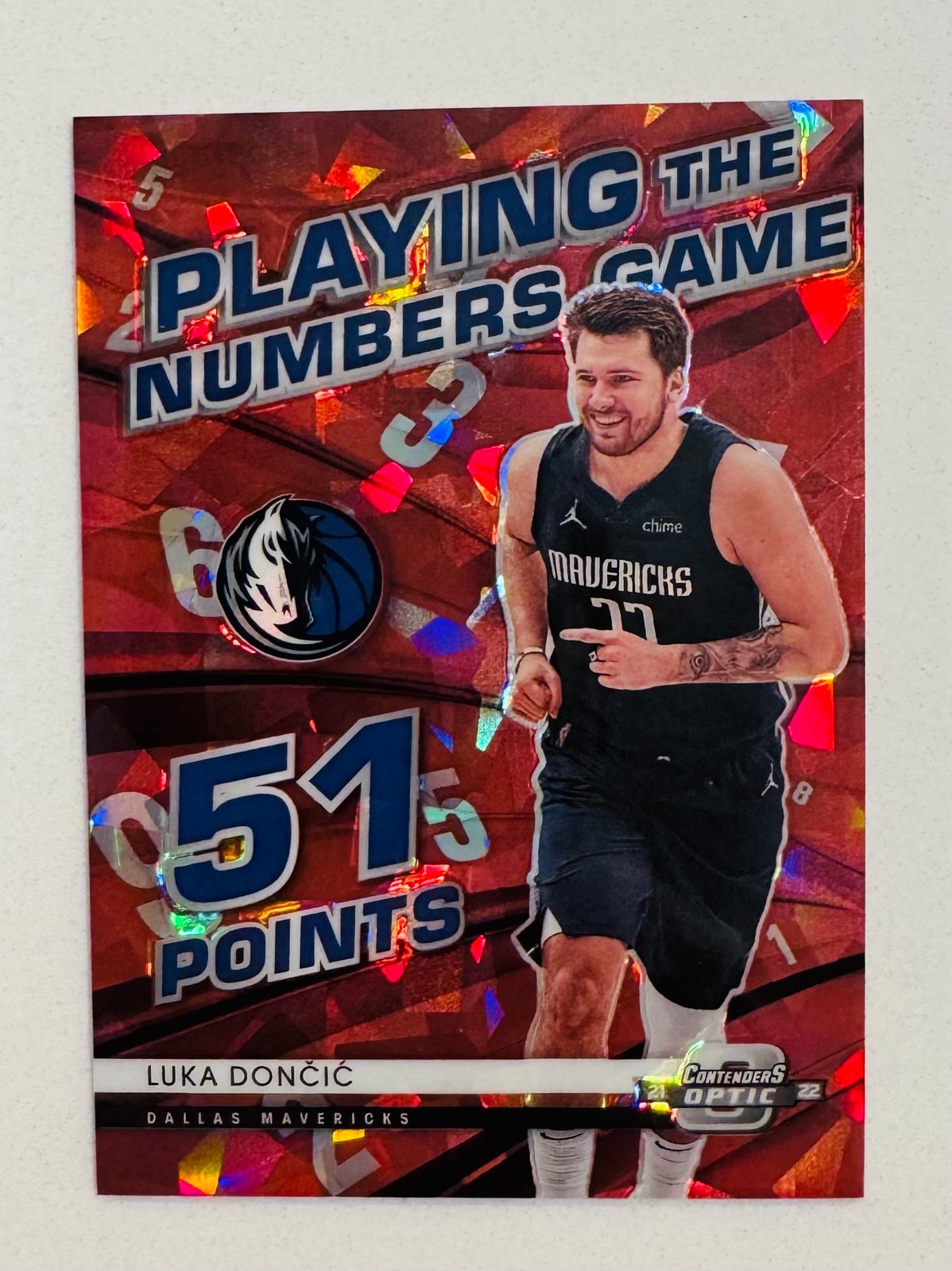 2021 Contenders Optic Playing the Numbers Game Red Cracked Ice Prizm Luka Doncic