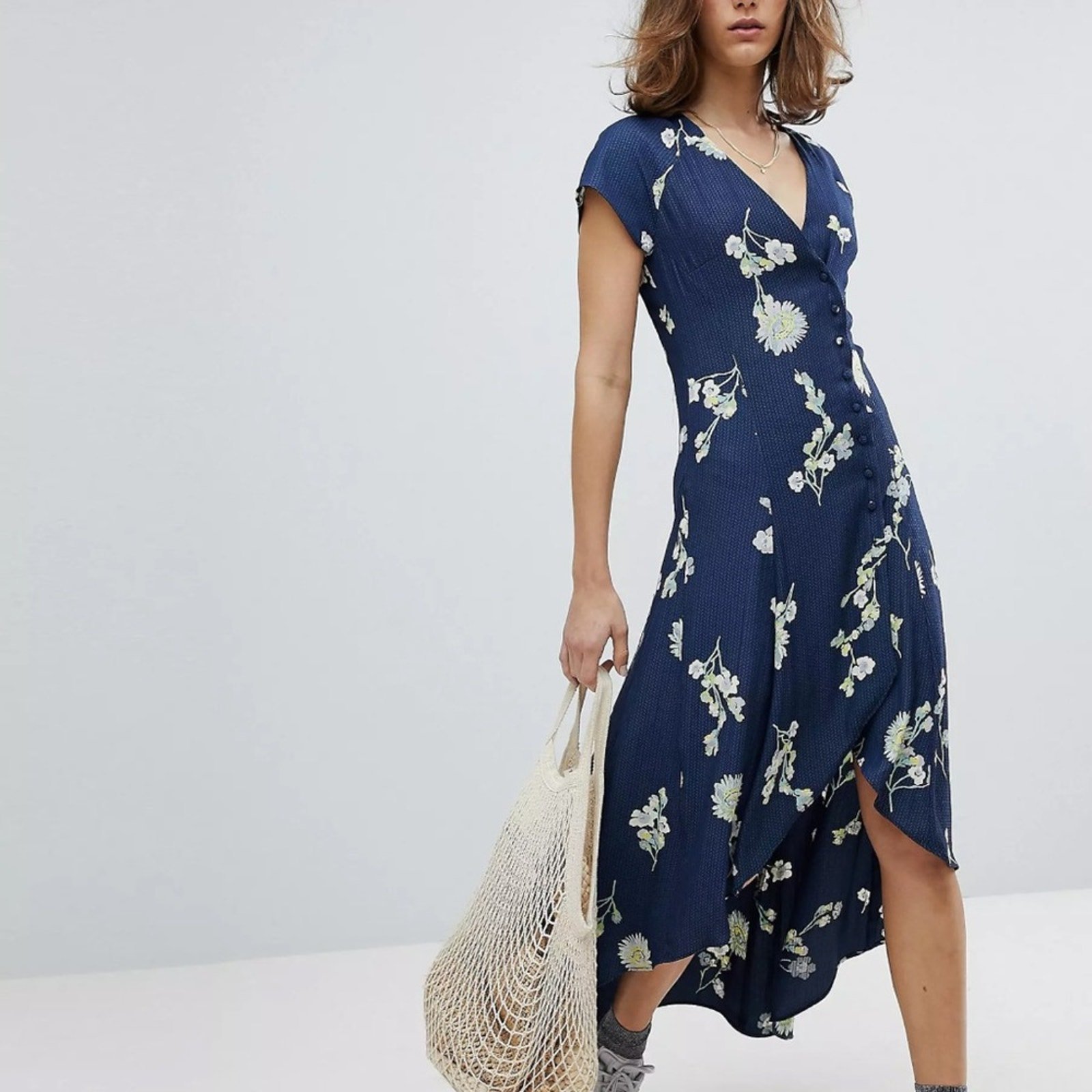 Free People List In You High Low Blue Multi Floral Print Midi Wrap Dress Sz M