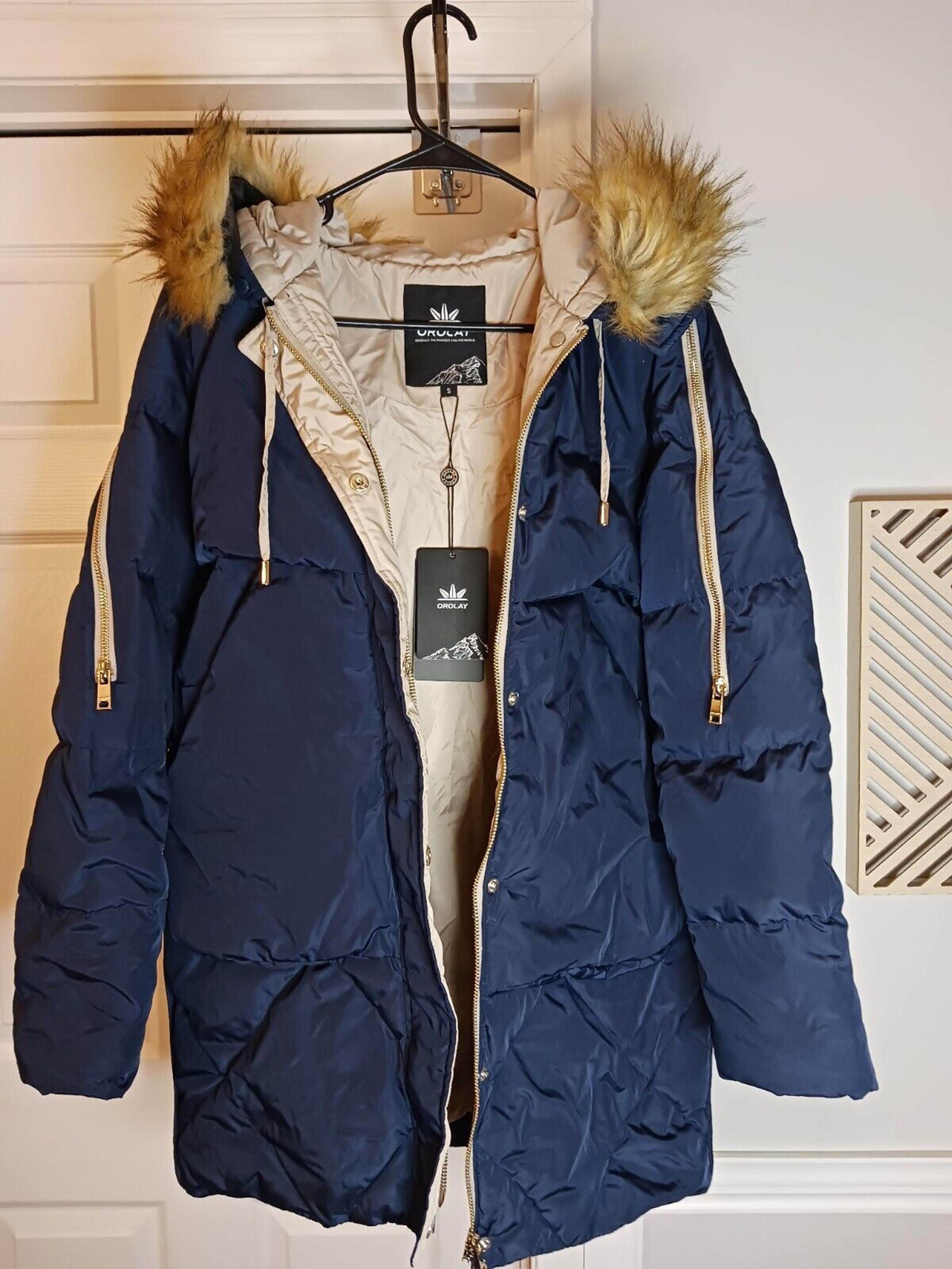 Orolay Women's Sz S Hooded Puffer Coat Down Filled Jacket Navy Removable Fur