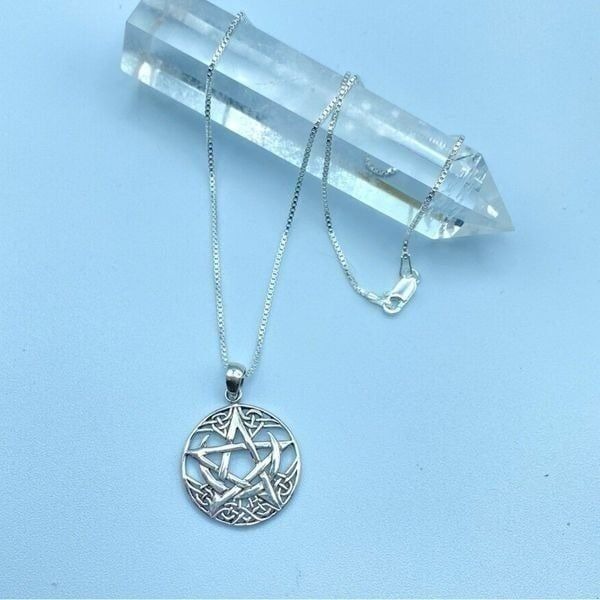Celtic Crescent Moon Pentagram Sterling Silver Necklace