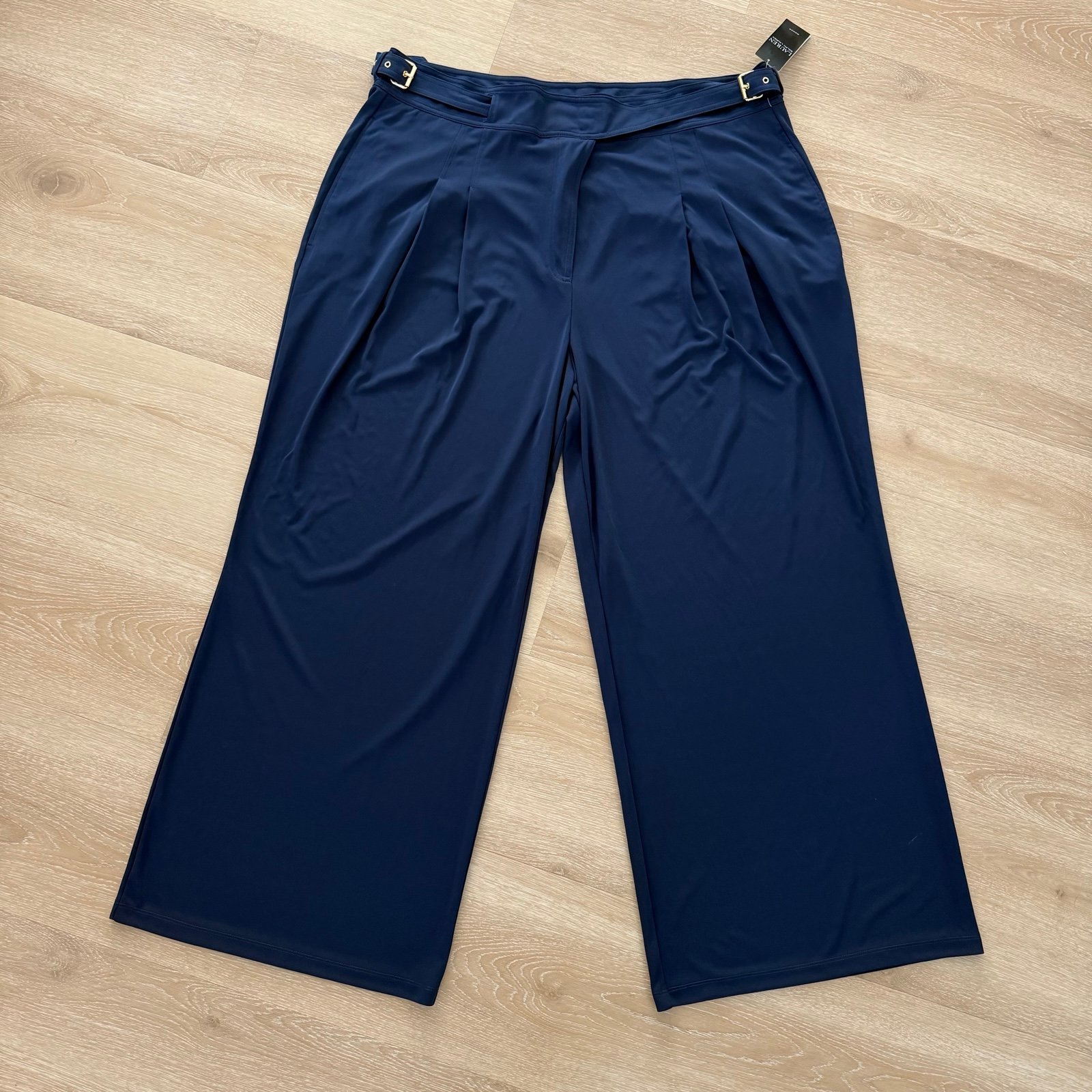 Lauren Ralph Lauren Woman Plus Wide Leg Adjustable Self-Belt Pants Navy Blue 22W