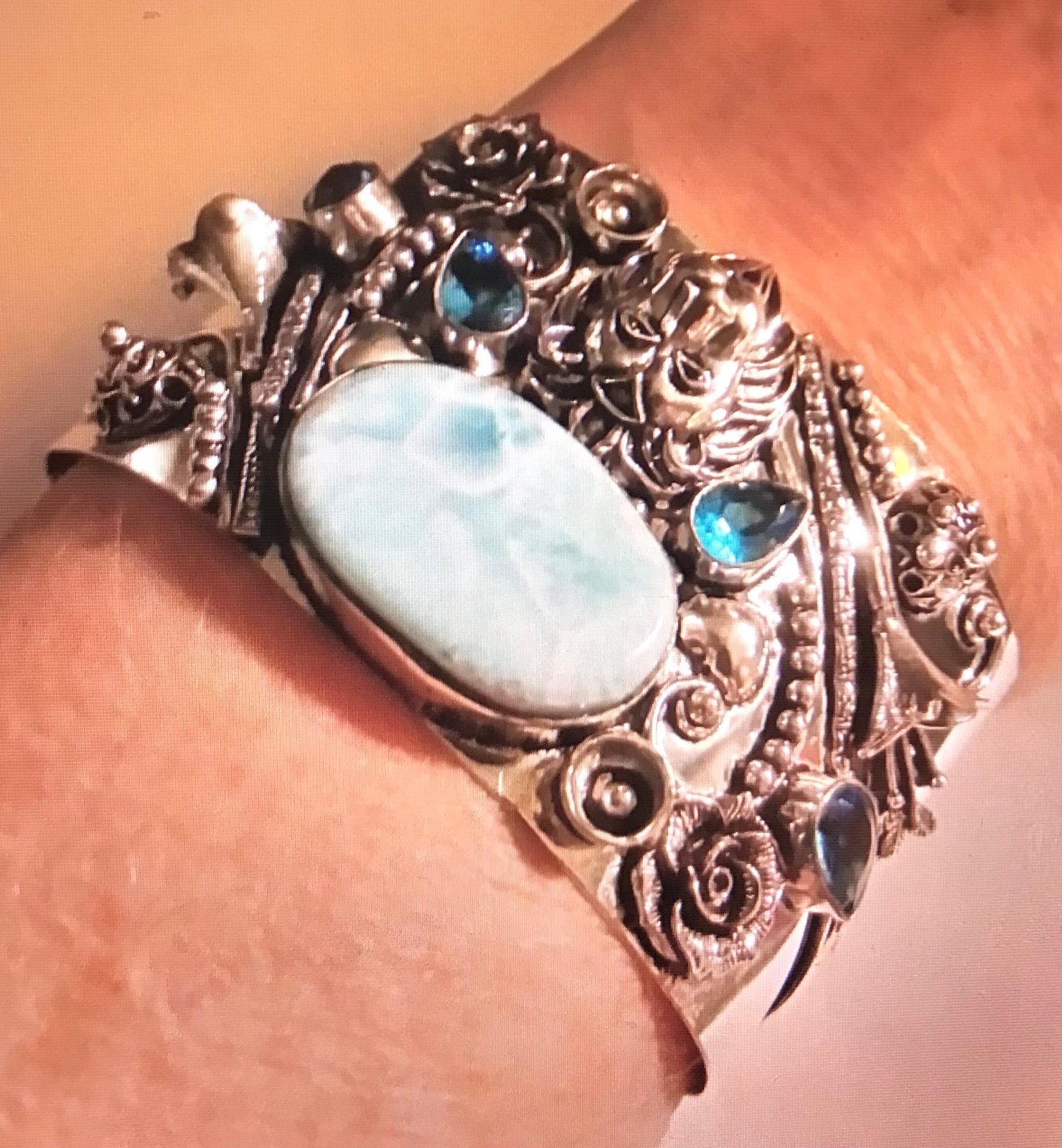 Larimar Blue Topaz 925 Sterling Silver Cuff Bracelet