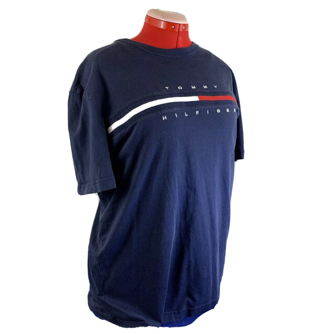 Vintage Tommy Hilfiger Flag T Shirt Mens XL Blue Spell Out Embroidered Rare
