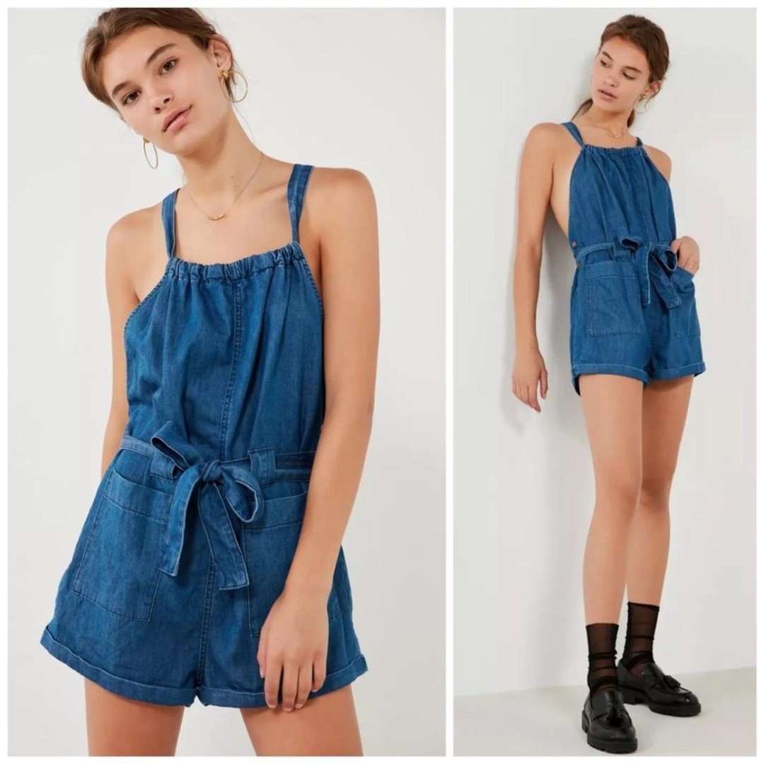 Urban Outfitters Denim Shortall Tie Waist Romper in Blue