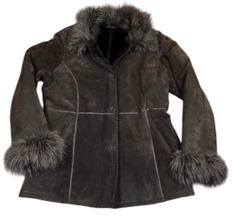 Wilsons Leather Pelle Studio Suede Leather Coat Faux Fur Trim Brown Mob Wife