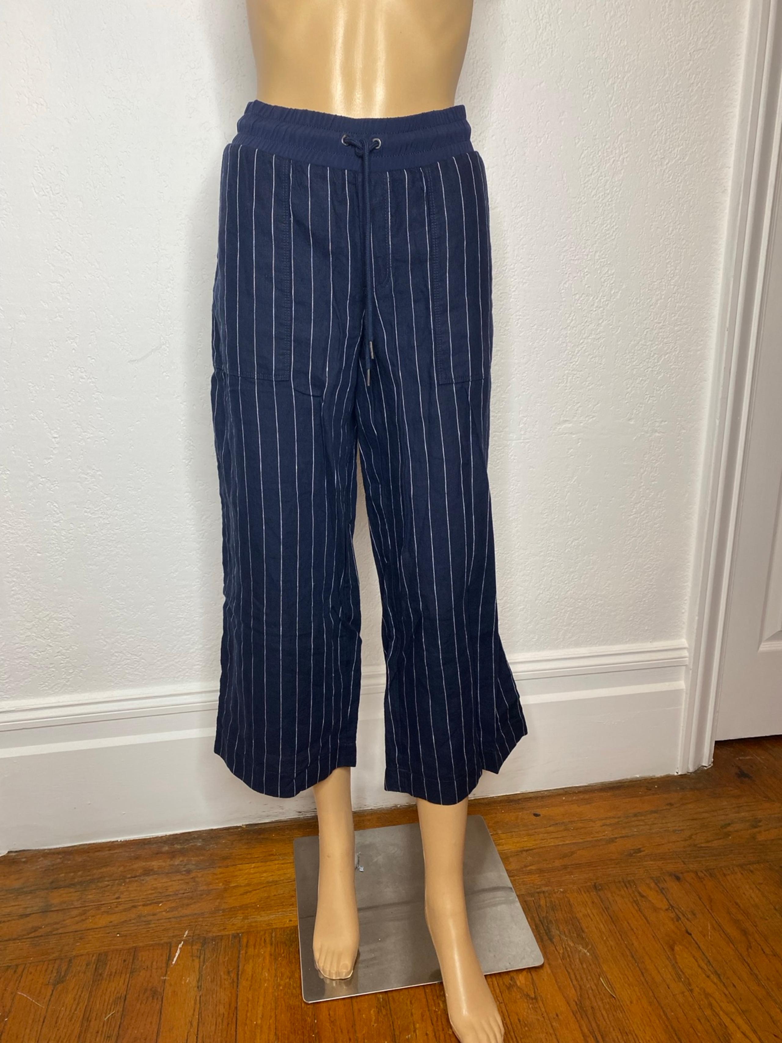 Athleta Bali Linen Pants Wide Leg Cropped Women’s Size 8  Navy Blue Pinstripe