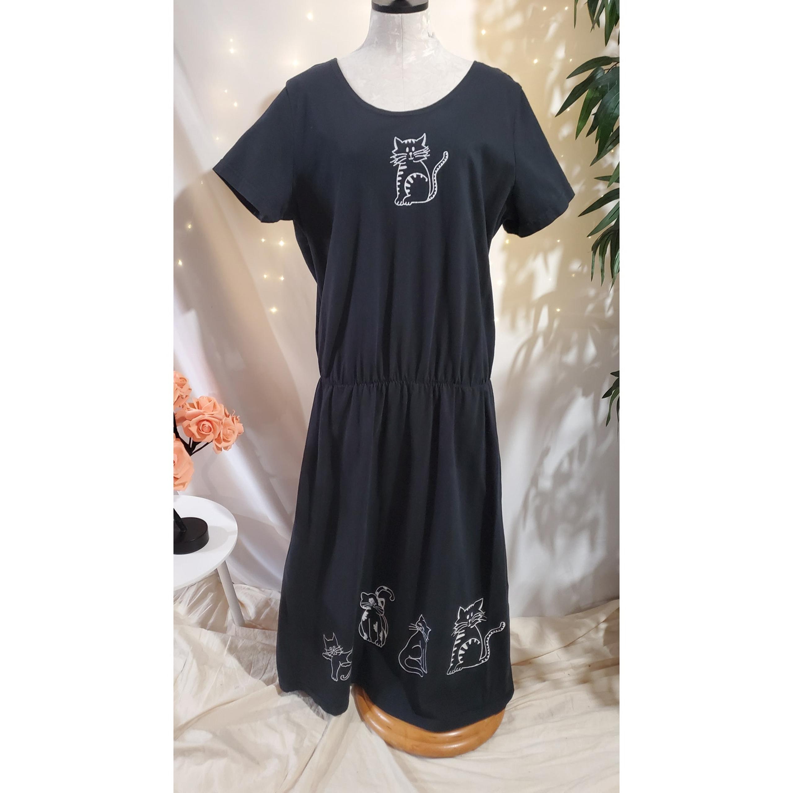 Vtg 90s Studio Ease Kitty Cat Short Sleeve Maxi Dress Size XL Black White Cotton