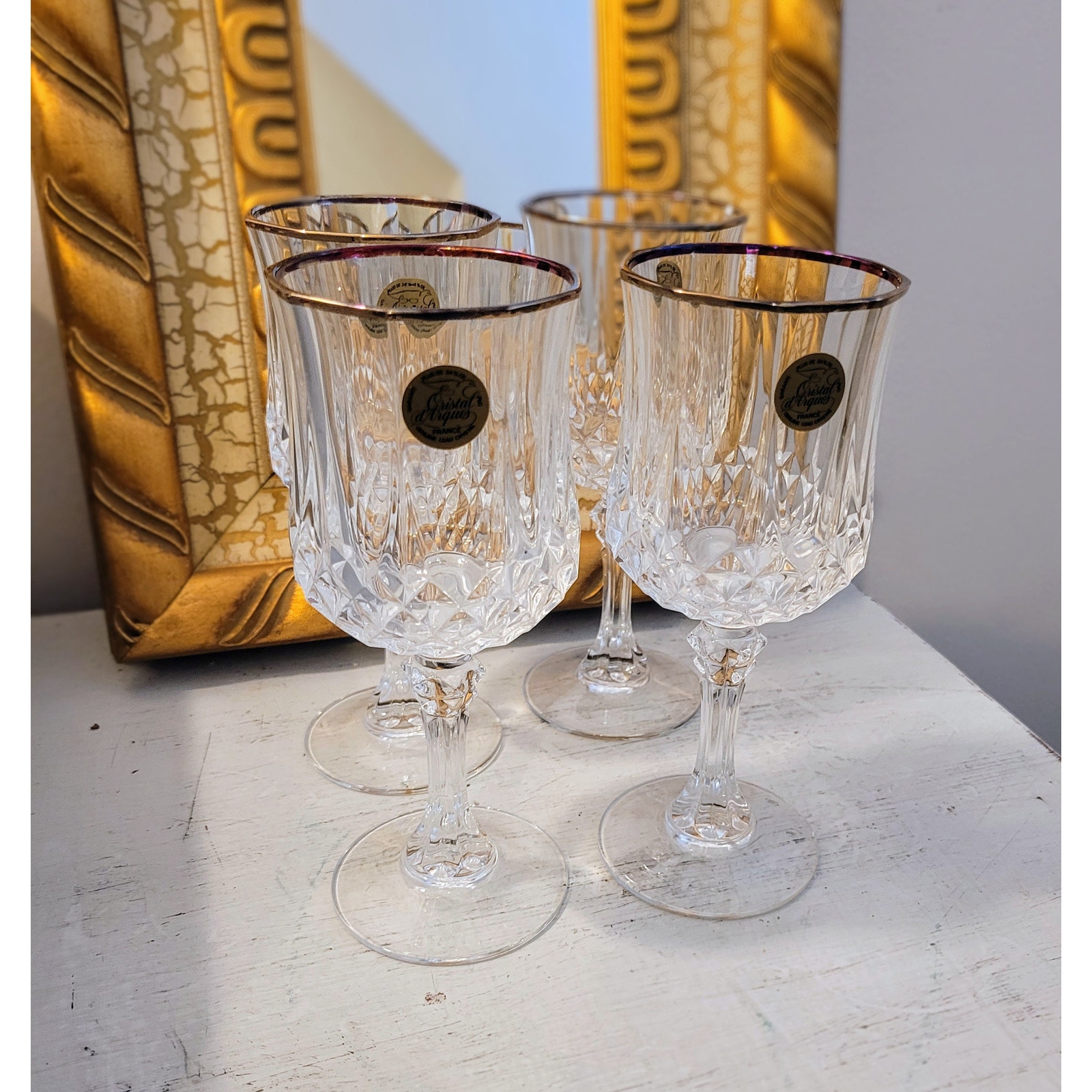 Vintage 1970 Long Champ Gold Cristal D' Arques Crystal Glasses