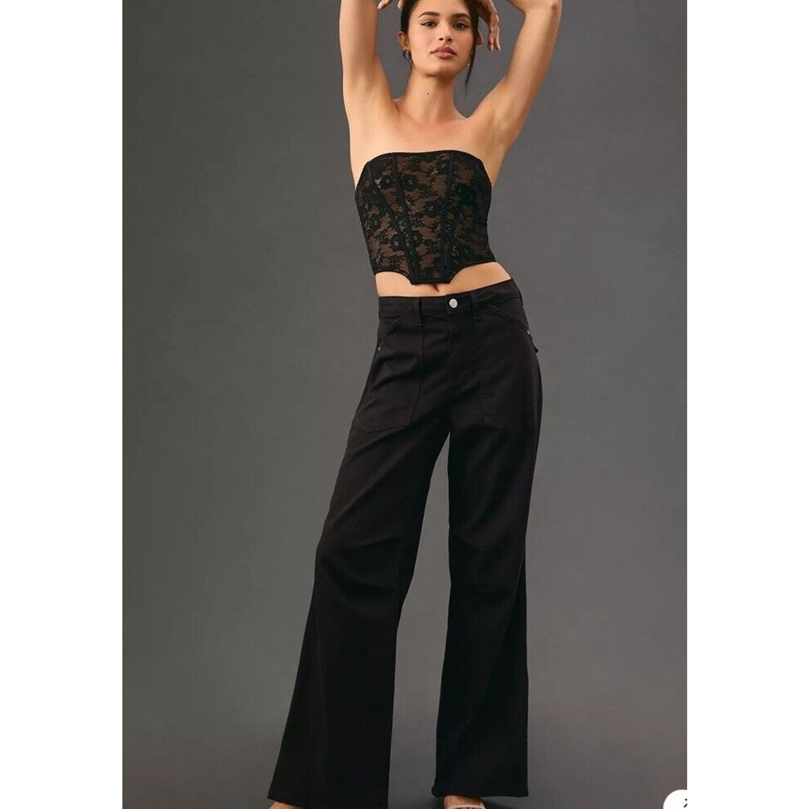 Anthropologie AMO Severine Cargo High Rise Wide Leg Jeans Size 26 Black Relaxed