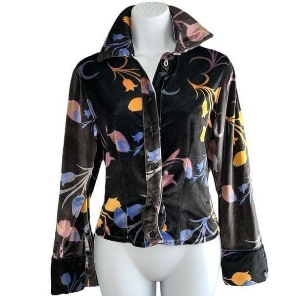 BARRAGAN Velvet Floral Woman Shirt Vintage Style Stretch Comfort Wear Size XS