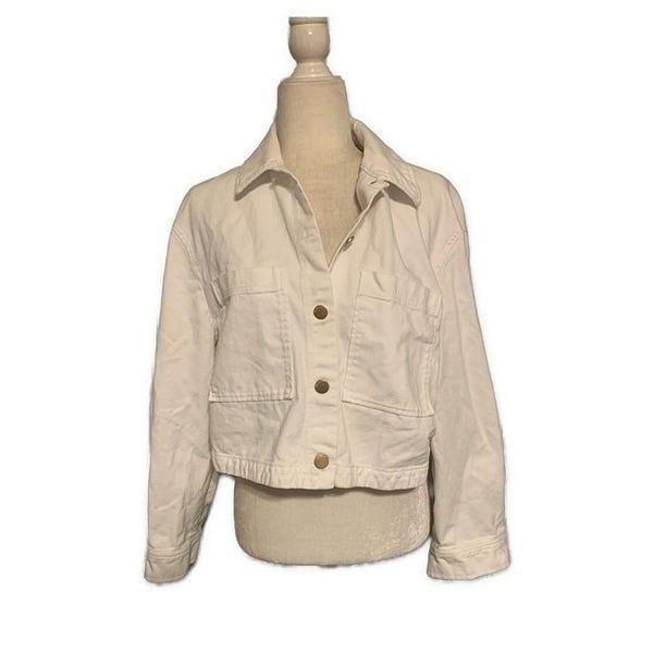 Zara Womens Solid White Long Sleeve Crop Jean Denim Jacket Medium