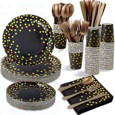 350 PCS Disposable Dinnerware Set Black Paper Plates Napkins Cups, Gold Forks