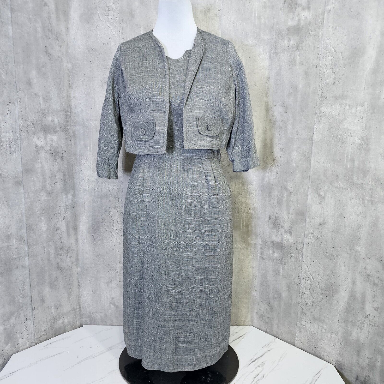 Vintage 50s Handmade Grey Glen Check Plaid Lightweight Day Dress W/ Bolero
