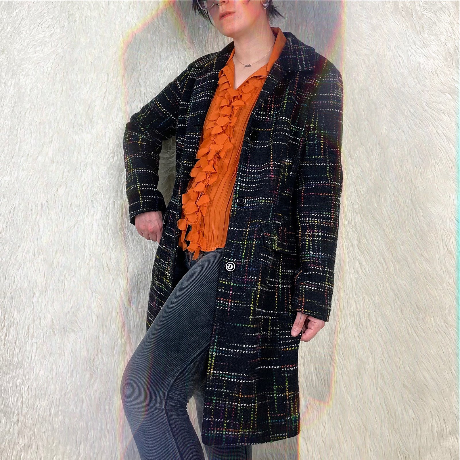 Vintage 90s Black & Multi-Colored Knit Stitched Peacoat