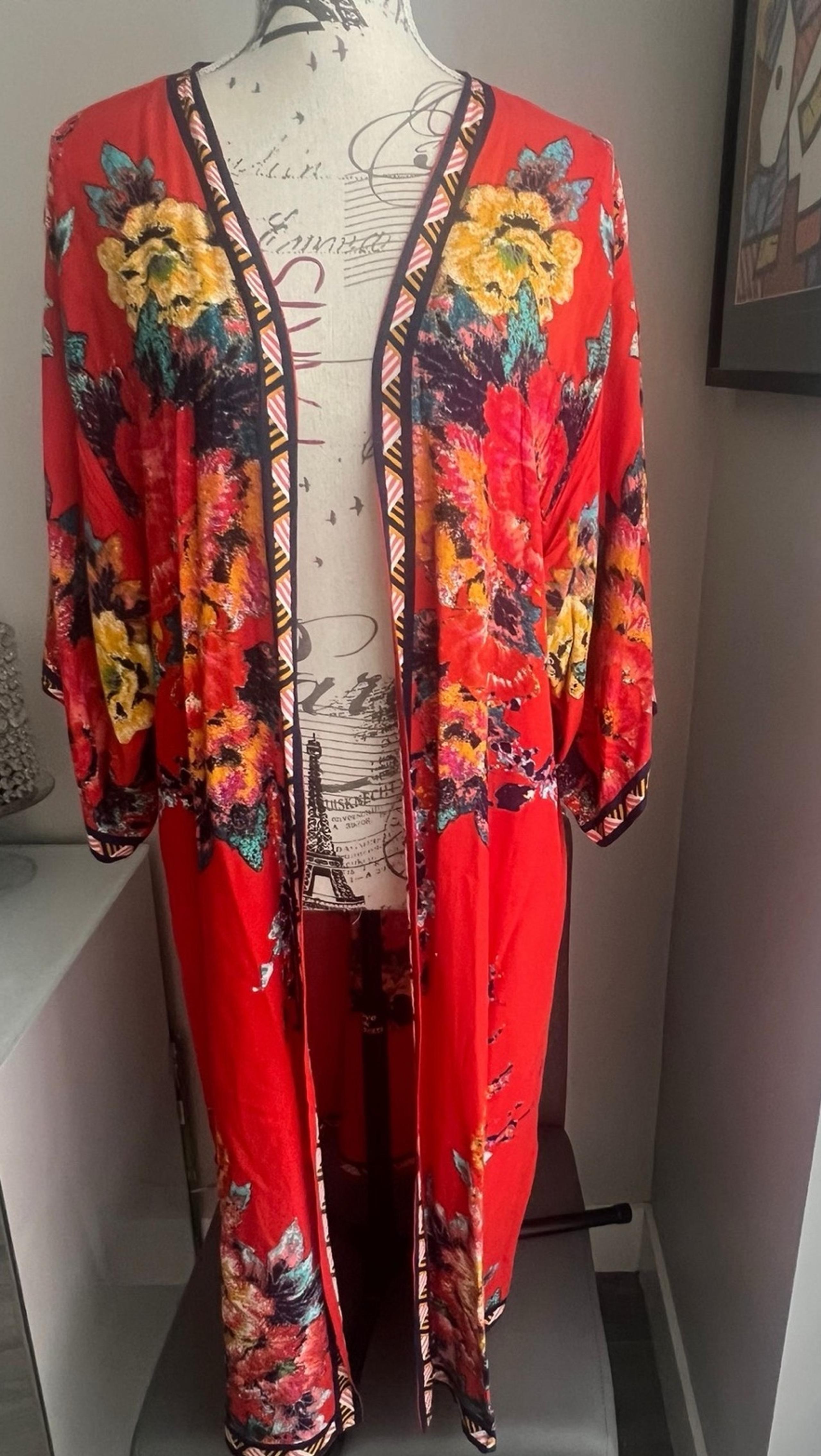 Flying Tomato Red Floral Open Front Kimono Casual or Swim Cover Women Size M/L