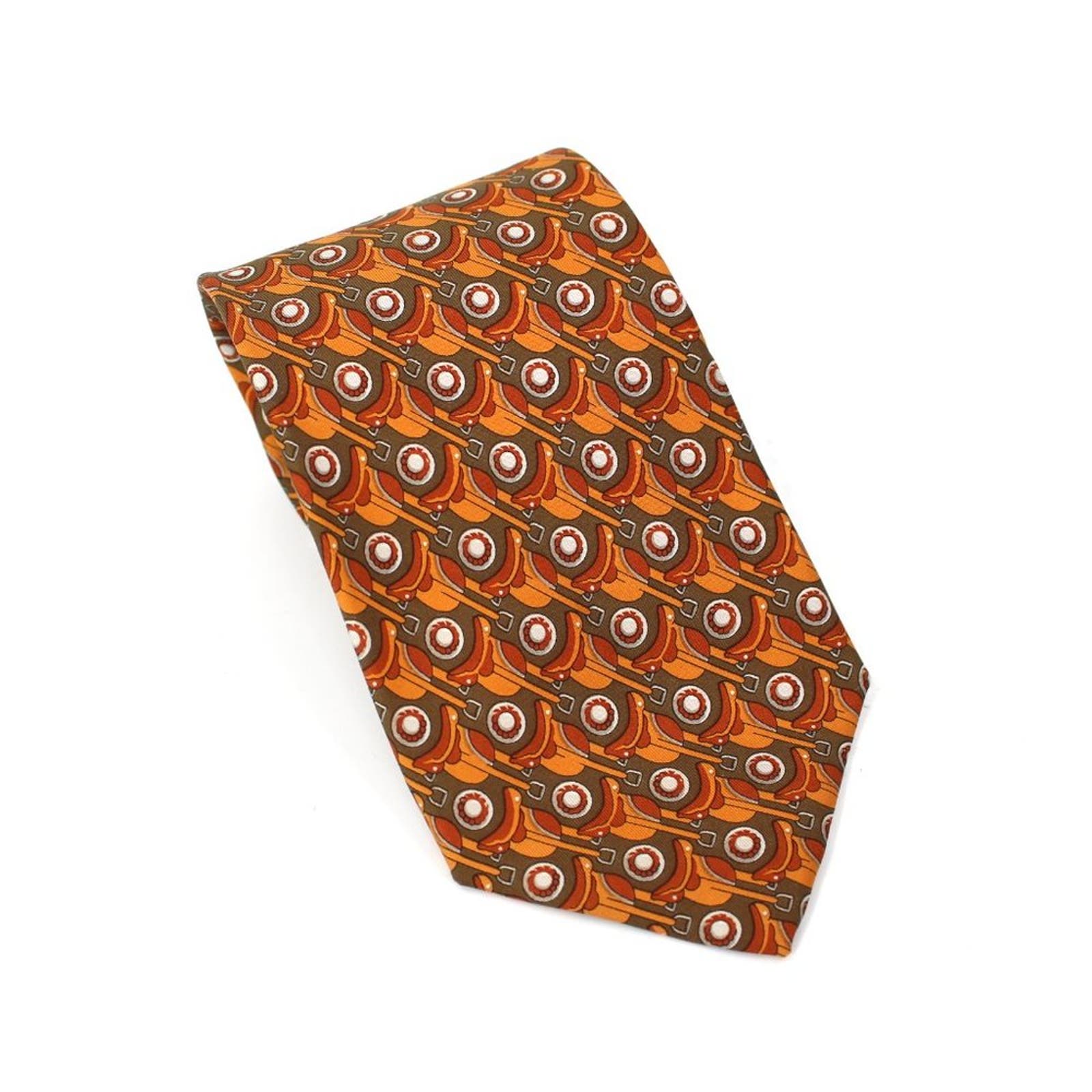 Gucci Silk Orange Olive Green Equestrian Stir-up Pattern Neck Tie Mens RARE