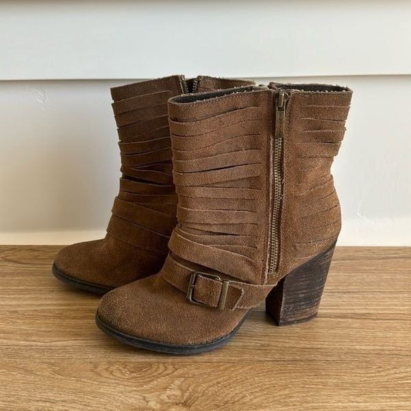 Naughty Monkey FA So La Tan Suede Leather Ankle Heeled Boots Women’s Size 8 EUC