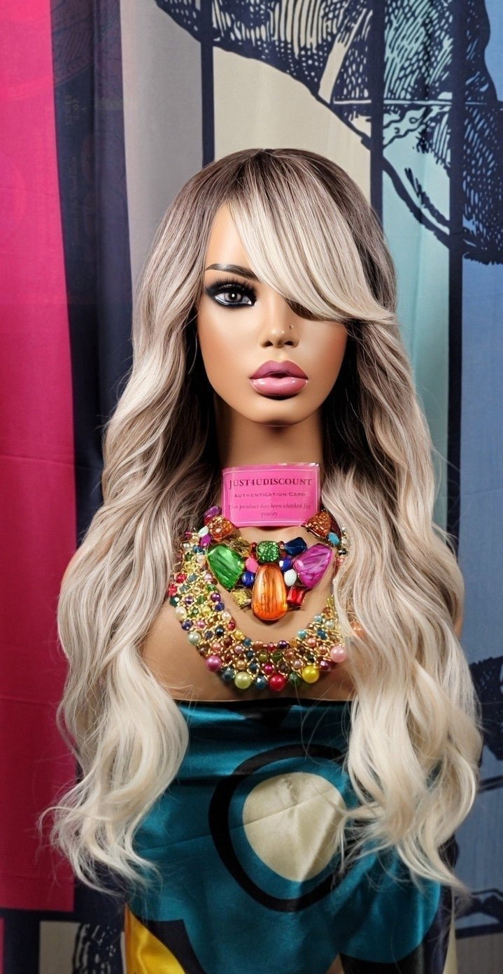 Wowfactor ash Platinum blonde wavy side swoop bang wig brown root