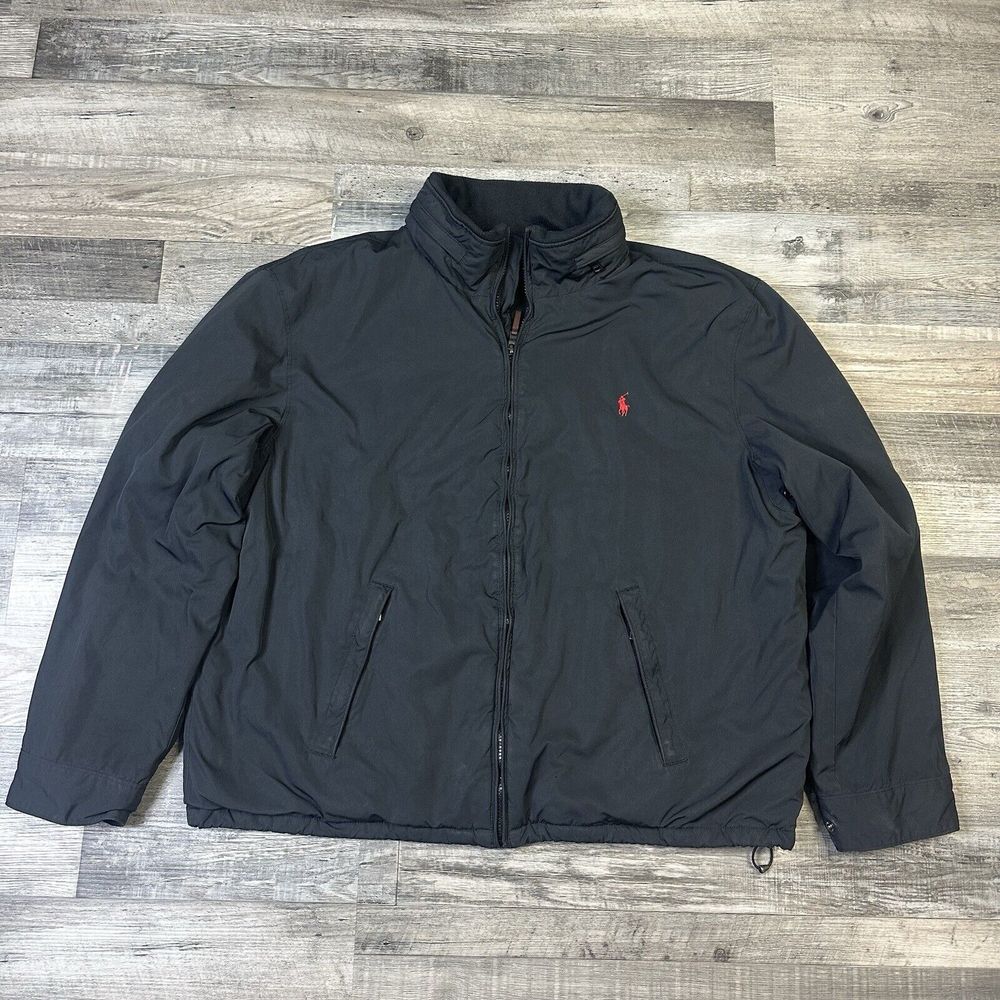 Vintage Polo Ralph Lauren Bomber Jacket Men's XXL Black Hooded Fleece Lined