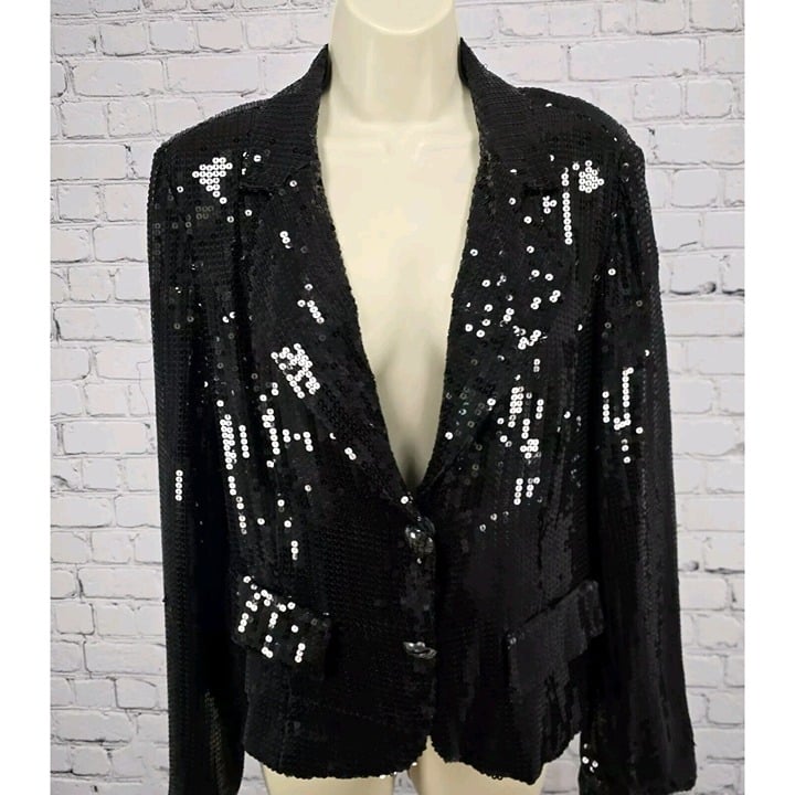 VTG WD.NY 100% Silk Sequin Double Snap Faux Button Lined Blazer Black Size 10