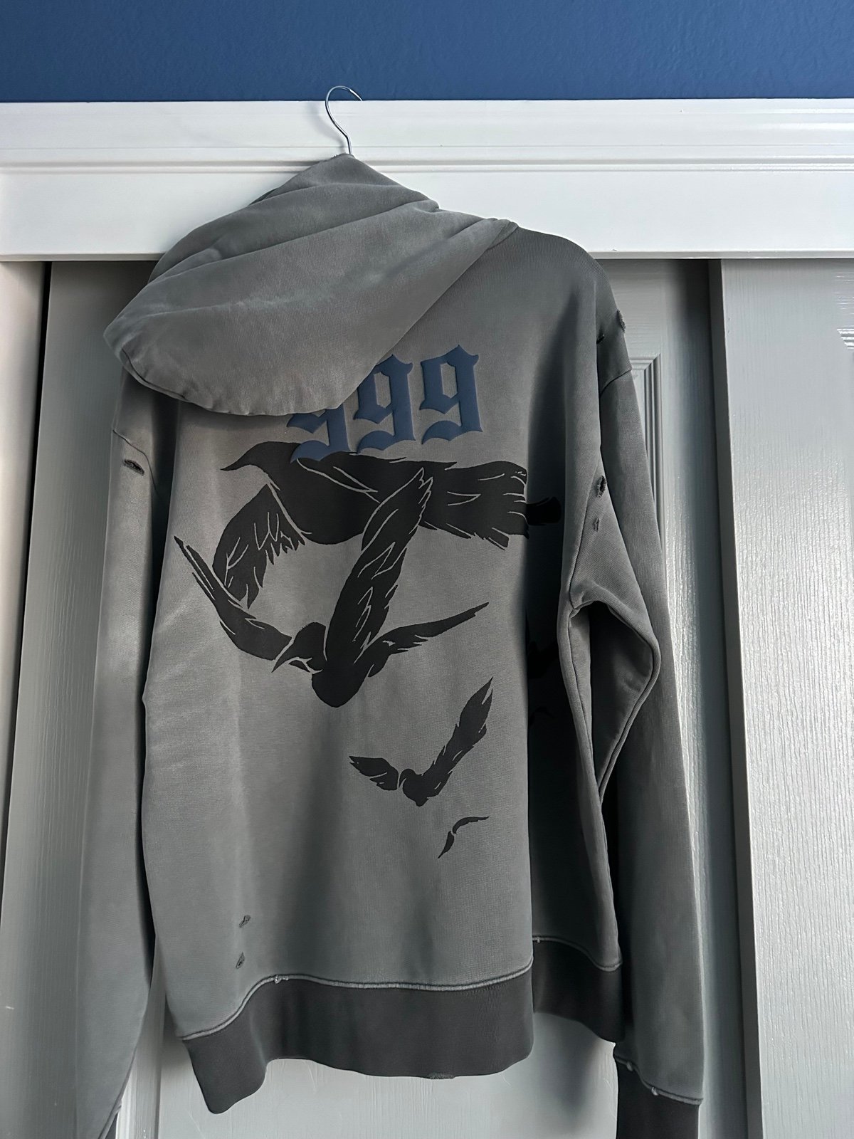 Revenge Dove Distressed Treated Hoodie Grey/Blue