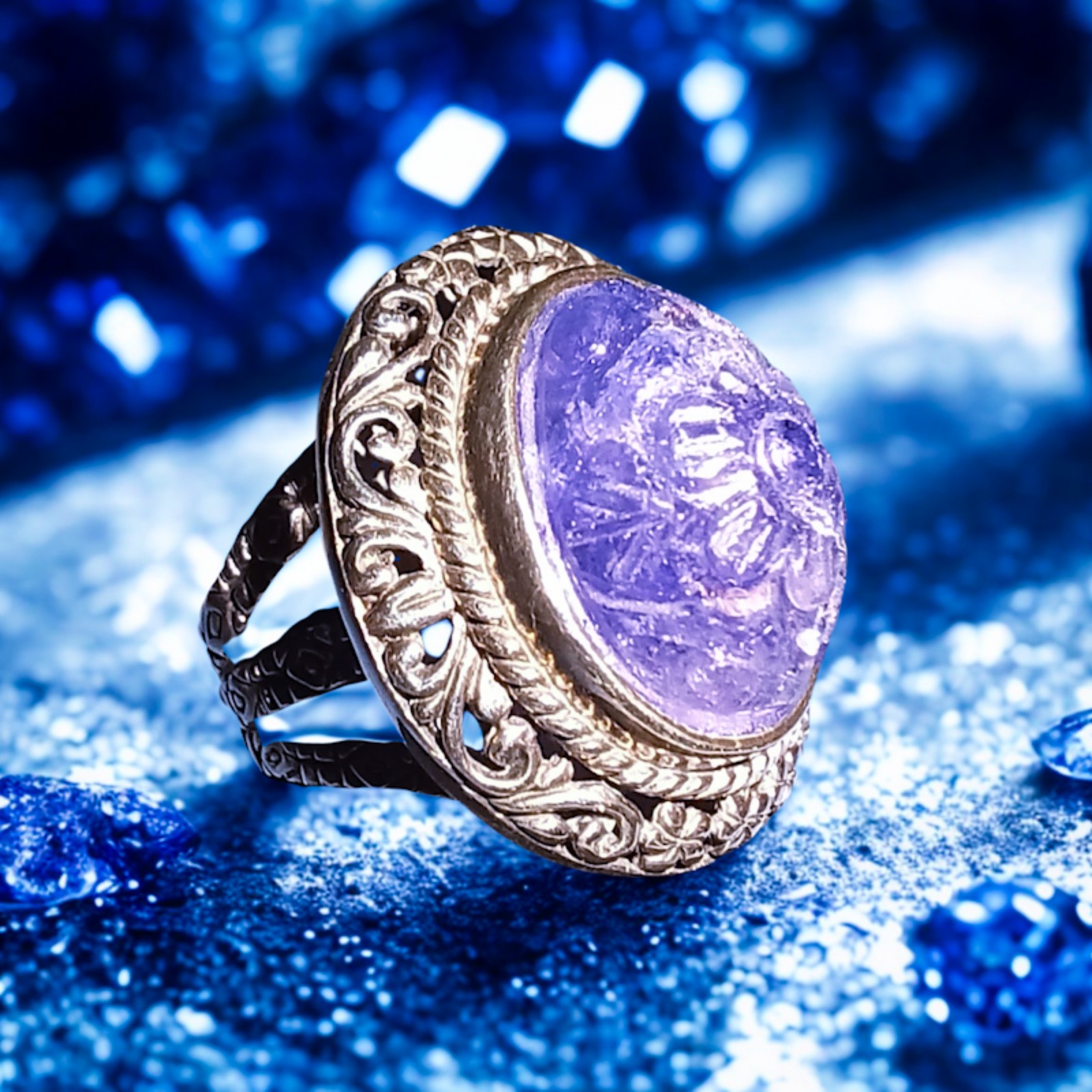 Bali Handcrafted, Tanzanite, Carved Cocktail ring in Sterling silver
