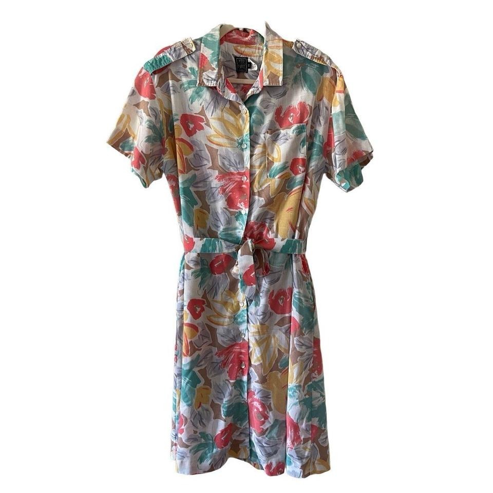 D1 VTG Peter Ashley Floral Button Front Tie Belt Midi Dress Short Sleeve