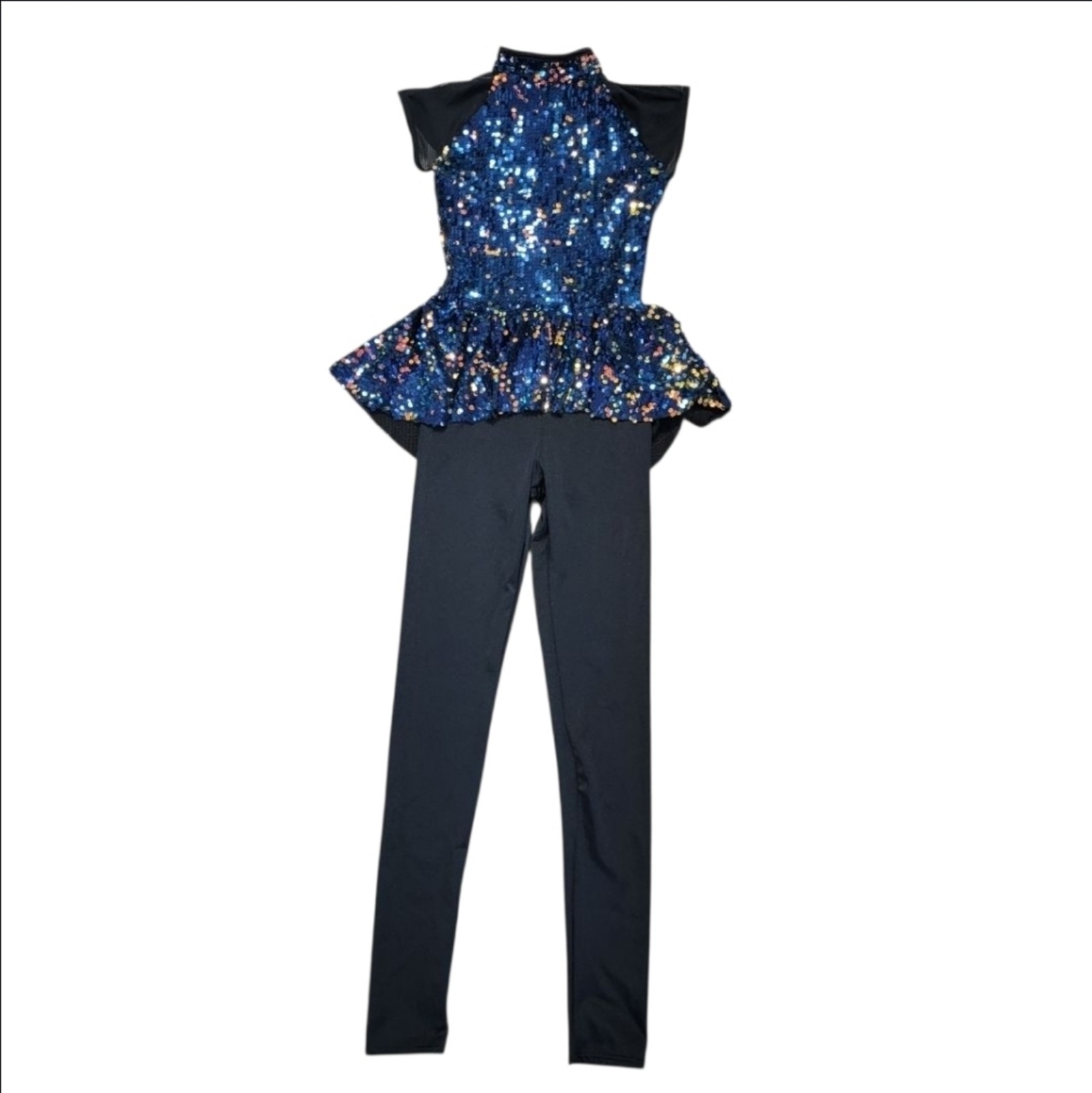 Weissman Dance Costume Small Adult Colorful Blue Jazz Sequin Peplum Unitard