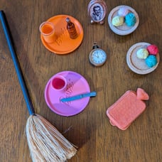 Vintage 1960's Barbie items: Plates,Cups, yarn/ bowls, broom, clock, soda etc