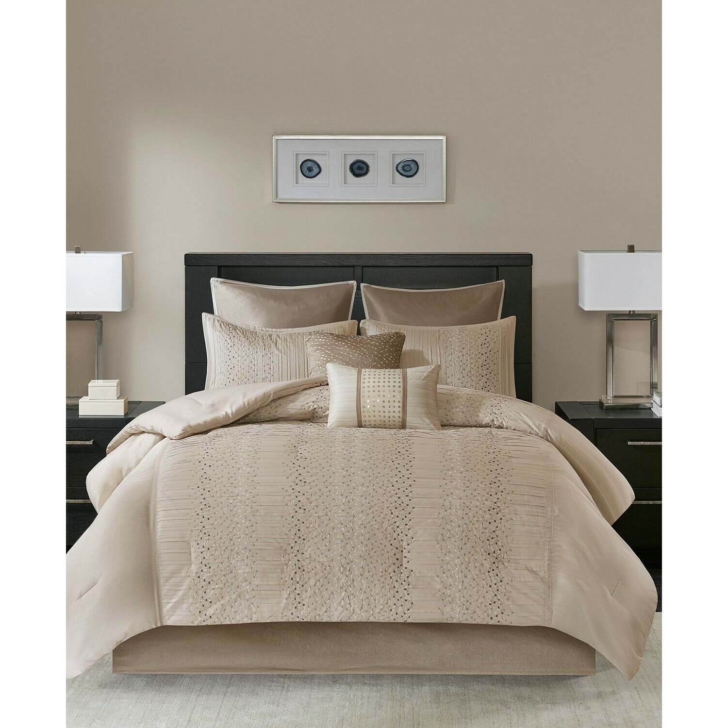 Madison Park Camelia 8 Pieces King Comforter Set Faux Silk Neutral Brown NEW