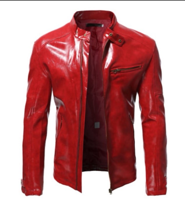 Men Stand-Collar Jacket Slim Fit Shiny Patent Leather Casual Zipper Size: L