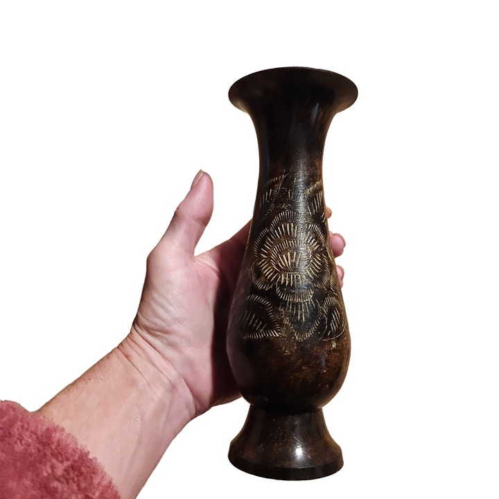 Vintage Handcrafted Black and gold Brass Vase With Intricate Etching Bali Cottag