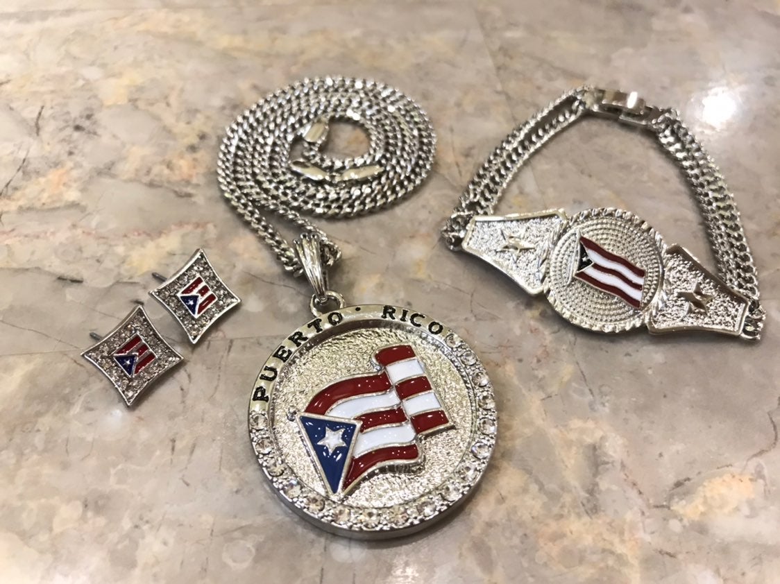 PUERTO RICO FLAG PENDANT & 3mm 24” CHAIN & BRACELET &EARRINGS & ELASTIC RING SET