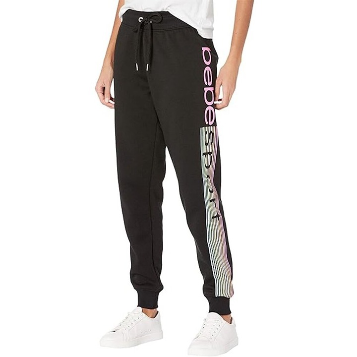 NWT New Bebe Sport Glitter Logo Stripe Black Jogger Size 1X