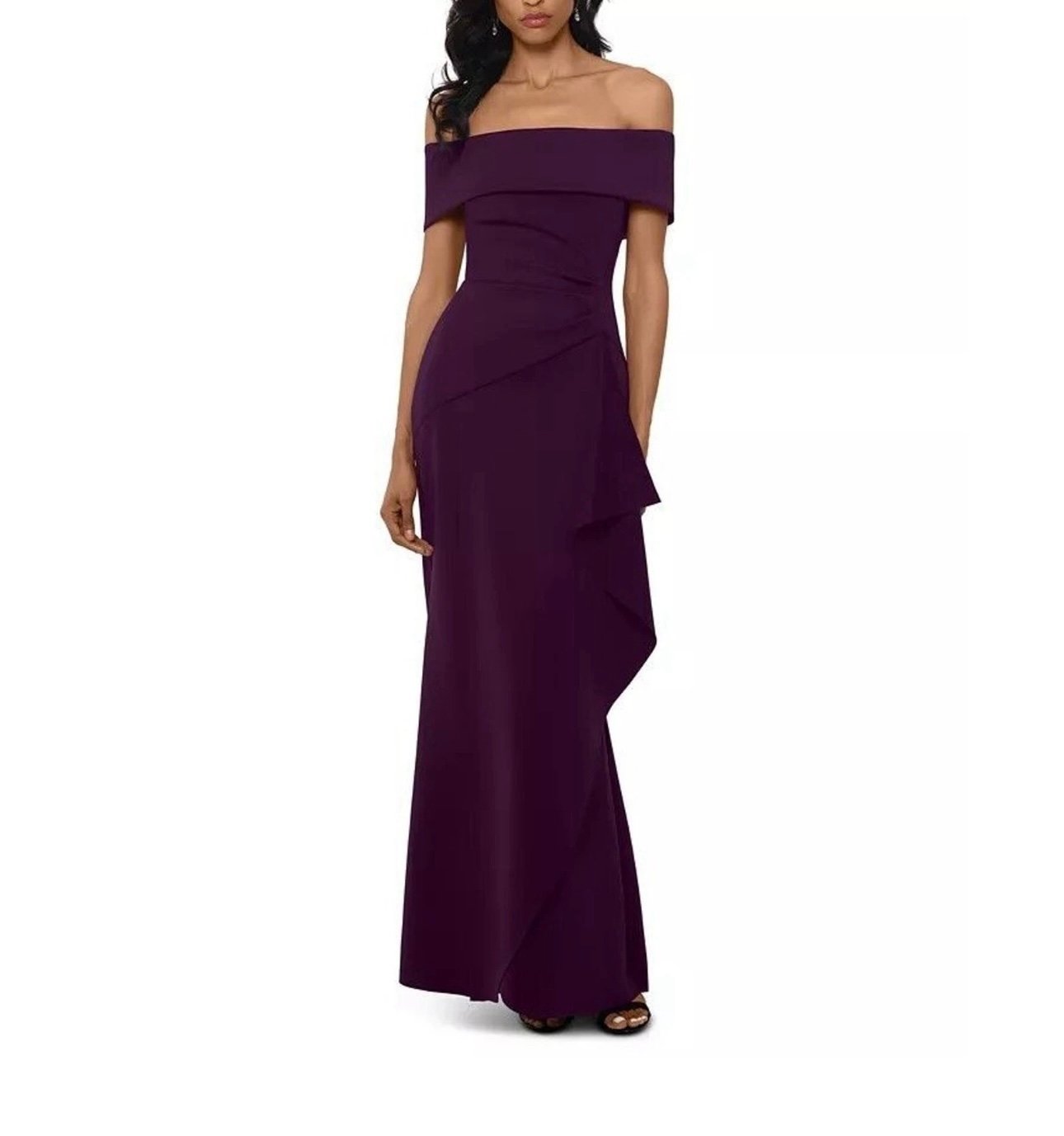 XSCAPE Ruffled Off-The-Shoulder Gown Plum Size 16 199