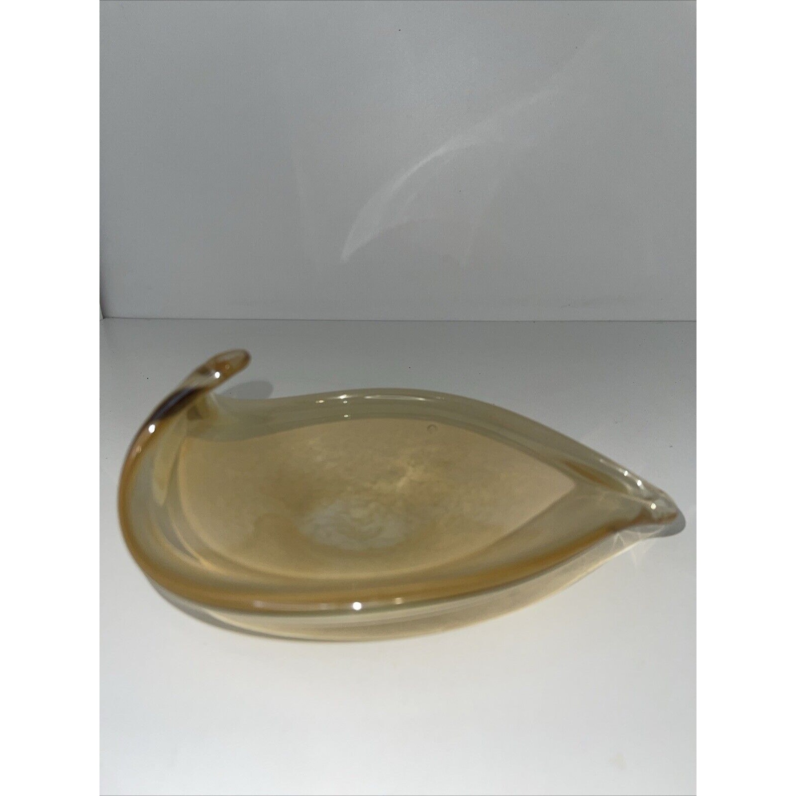Murano Hand Blown Glass Bowl Italy Vetro Eseguito Golden Swirl Leaf 7”X 5 3/4”