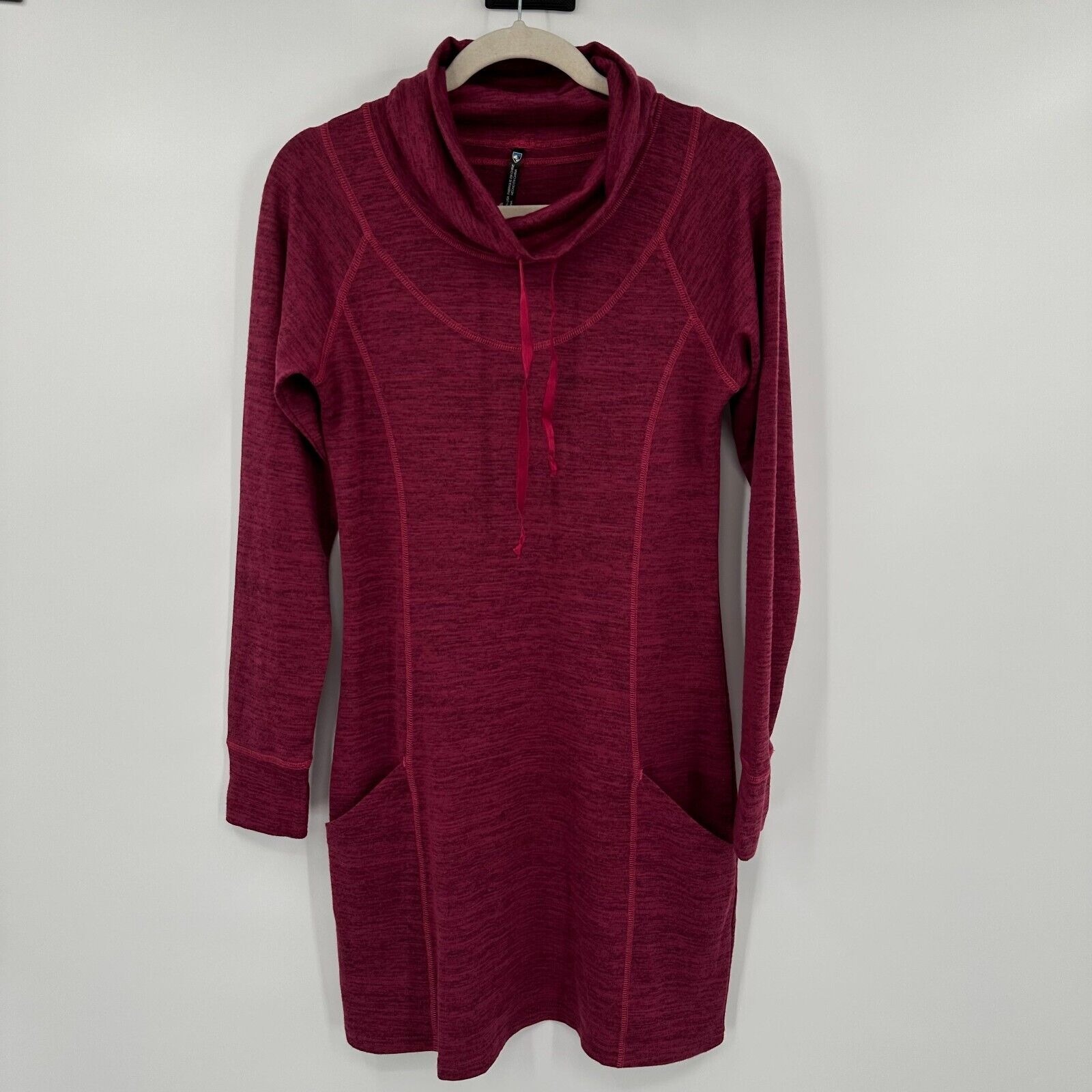 Kuhl Lea Dress Women's Small Red Heather Thumb Loops Drawstring Cozy Cowl Neck