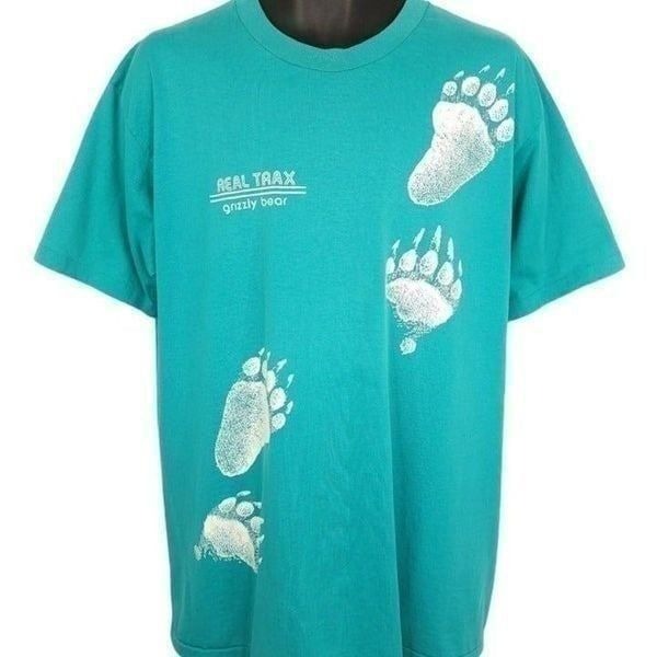 Grizzly Bear Real Trax T Shirt Vintage 80s All Over Print Nature Tee Made In USA