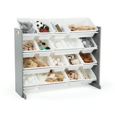 Children Wood and Plastic Organizer Rack with 16 Bins, Gray and White